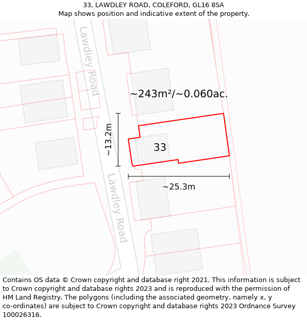 33, LAWDLEY ROAD, COLEFORD, GL16 8SA: Plot and title map
