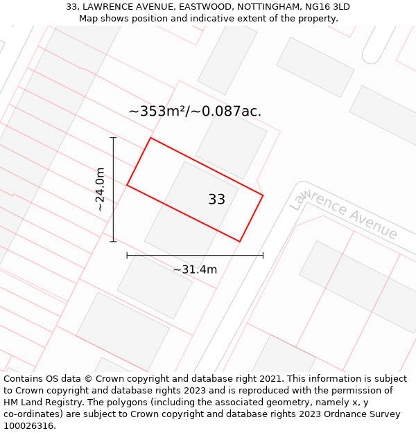 33, LAWRENCE AVENUE, EASTWOOD, NOTTINGHAM, NG16 3LD: Plot and title map