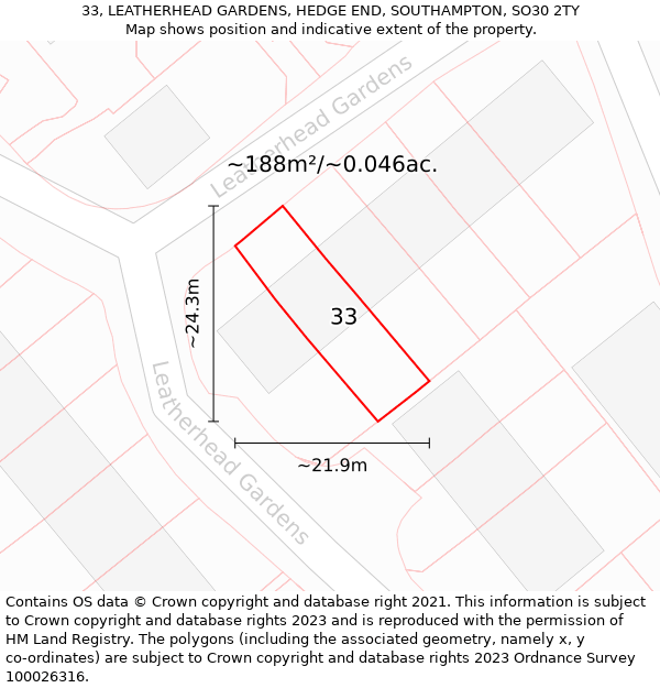 33, LEATHERHEAD GARDENS, HEDGE END, SOUTHAMPTON, SO30 2TY: Plot and title map