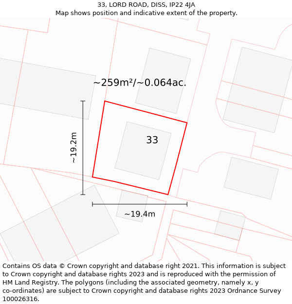 33, LORD ROAD, DISS, IP22 4JA: Plot and title map