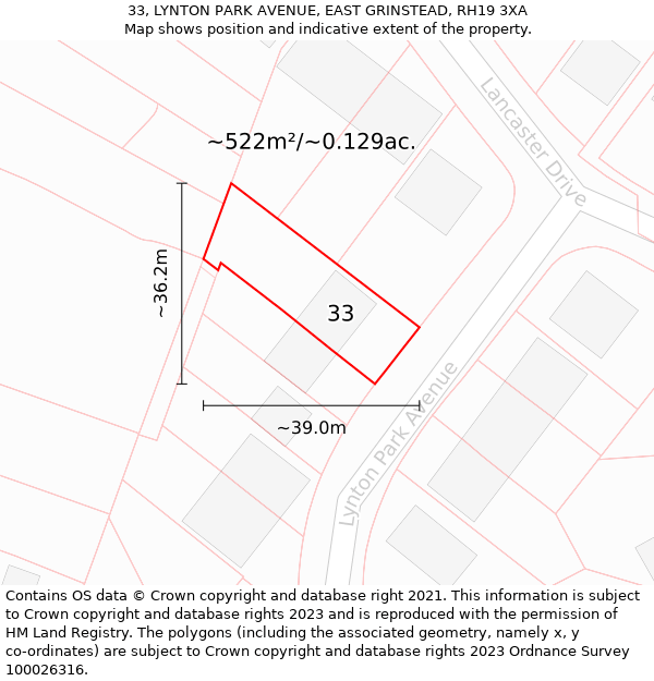 33, LYNTON PARK AVENUE, EAST GRINSTEAD, RH19 3XA: Plot and title map