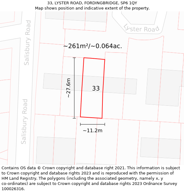 33, LYSTER ROAD, FORDINGBRIDGE, SP6 1QY: Plot and title map