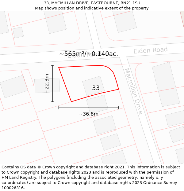 33, MACMILLAN DRIVE, EASTBOURNE, BN21 1SU: Plot and title map