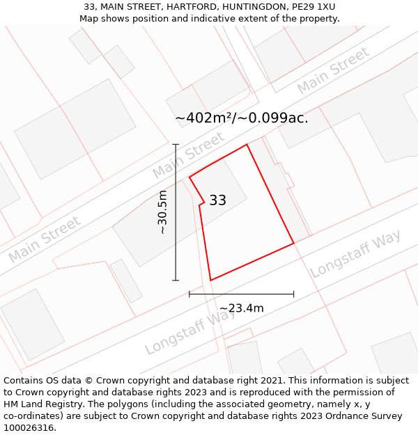 33, MAIN STREET, HARTFORD, HUNTINGDON, PE29 1XU: Plot and title map