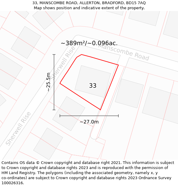 33, MANSCOMBE ROAD, ALLERTON, BRADFORD, BD15 7AQ: Plot and title map