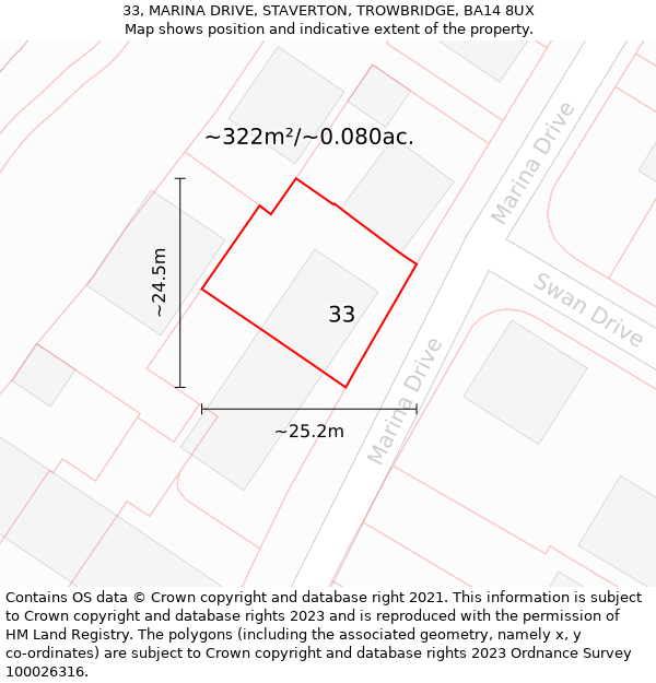 33, MARINA DRIVE, STAVERTON, TROWBRIDGE, BA14 8UX: Plot and title map