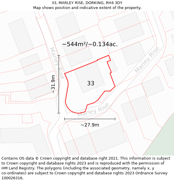 33, MARLEY RISE, DORKING, RH4 3DY: Plot and title map