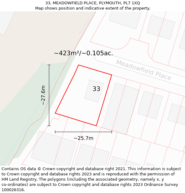 33, MEADOWFIELD PLACE, PLYMOUTH, PL7 1XQ: Plot and title map