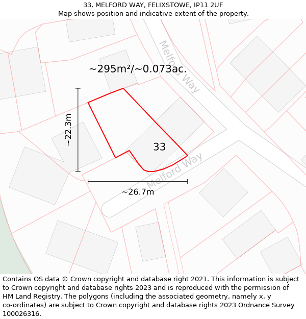 33, MELFORD WAY, FELIXSTOWE, IP11 2UF: Plot and title map