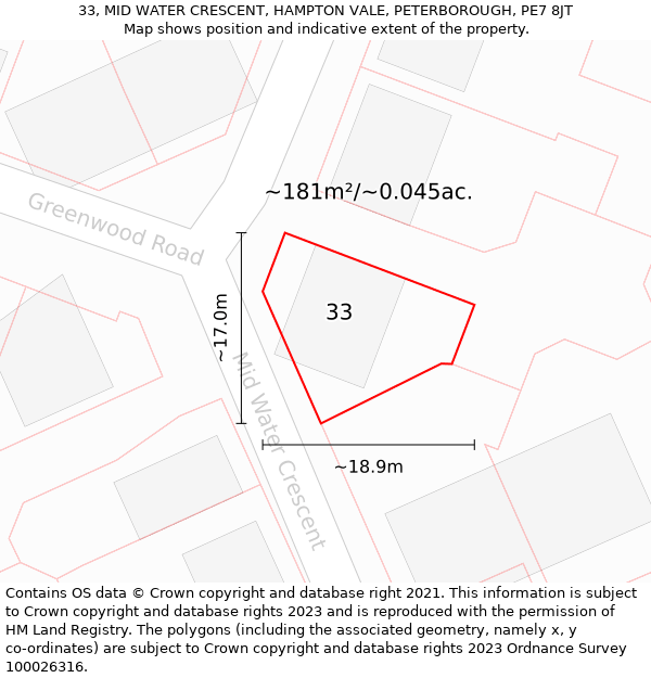 33, MID WATER CRESCENT, HAMPTON VALE, PETERBOROUGH, PE7 8JT: Plot and title map