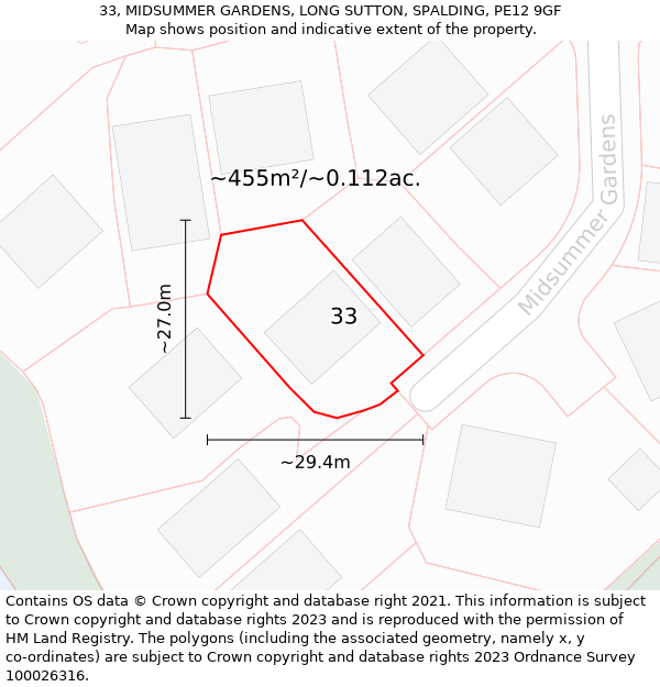 33, MIDSUMMER GARDENS, LONG SUTTON, SPALDING, PE12 9GF: Plot and title map