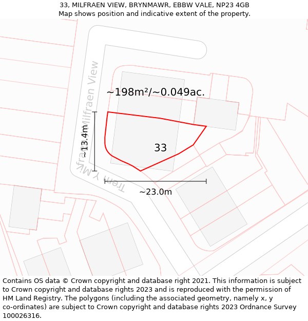 33, MILFRAEN VIEW, BRYNMAWR, EBBW VALE, NP23 4GB: Plot and title map