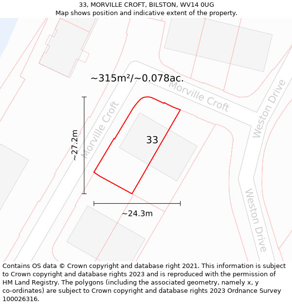 33, MORVILLE CROFT, BILSTON, WV14 0UG: Plot and title map