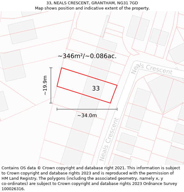 33, NEALS CRESCENT, GRANTHAM, NG31 7GD: Plot and title map