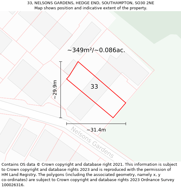 33, NELSONS GARDENS, HEDGE END, SOUTHAMPTON, SO30 2NE: Plot and title map