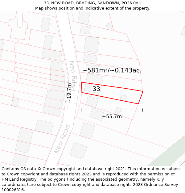 33, NEW ROAD, BRADING, SANDOWN, PO36 0AH: Plot and title map