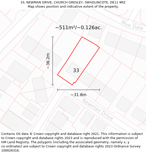 33, NEWMAN DRIVE, CHURCH GRESLEY, SWADLINCOTE, DE11 9RZ: Plot and title map