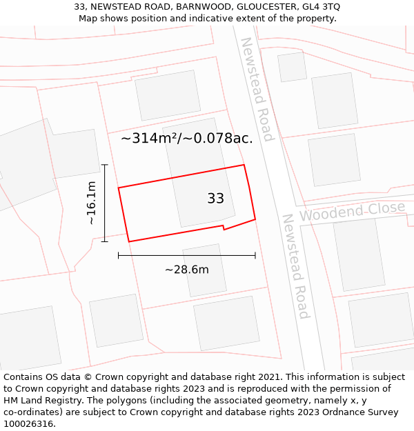 33, NEWSTEAD ROAD, BARNWOOD, GLOUCESTER, GL4 3TQ: Plot and title map