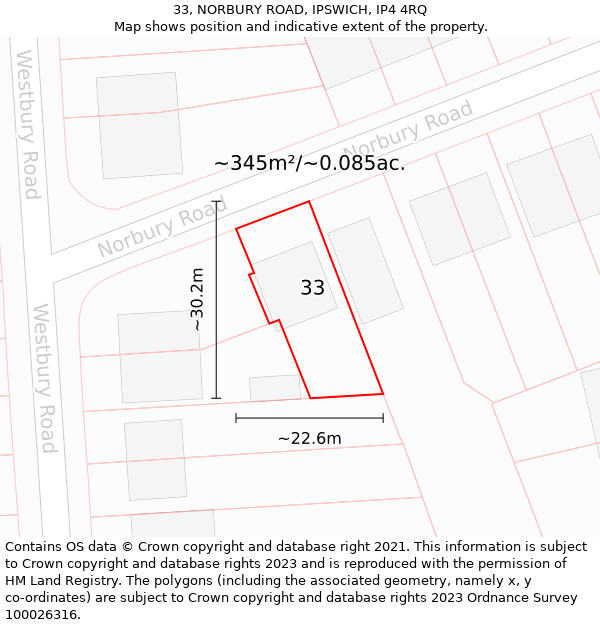 33, NORBURY ROAD, IPSWICH, IP4 4RQ: Plot and title map