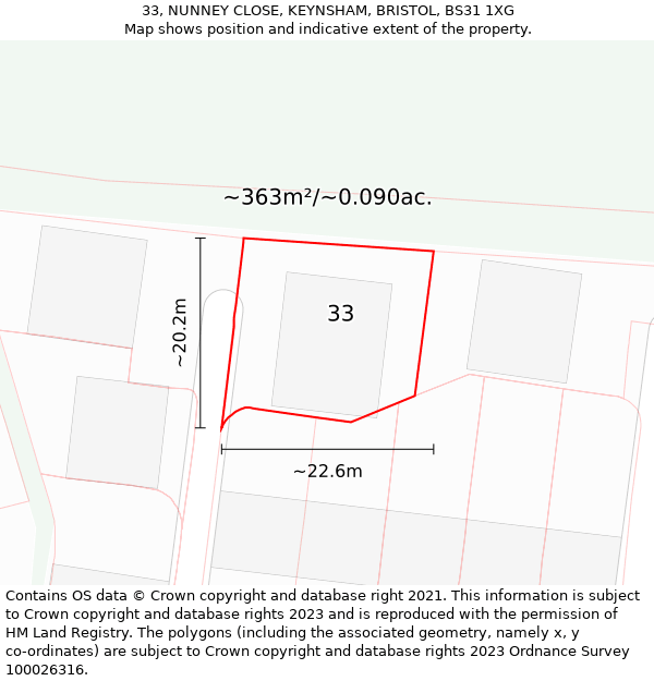 33, NUNNEY CLOSE, KEYNSHAM, BRISTOL, BS31 1XG: Plot and title map