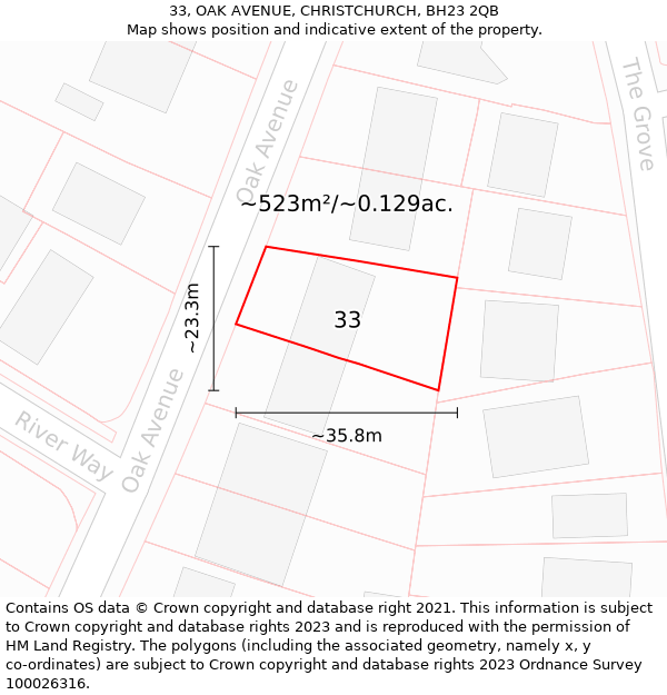 33, OAK AVENUE, CHRISTCHURCH, BH23 2QB: Plot and title map