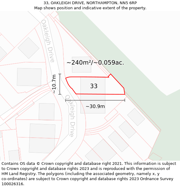 33, OAKLEIGH DRIVE, NORTHAMPTON, NN5 6RP: Plot and title map