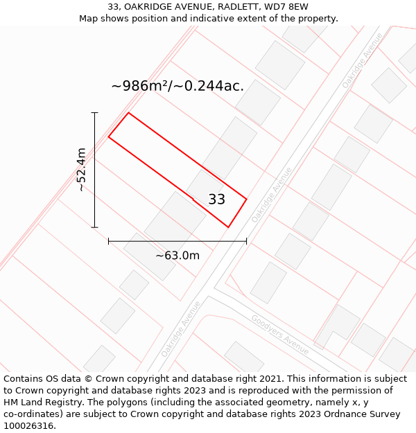 33, OAKRIDGE AVENUE, RADLETT, WD7 8EW: Plot and title map