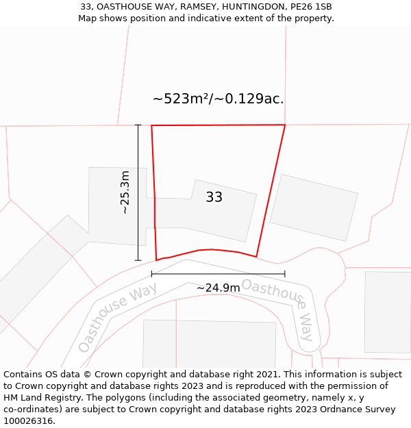 33, OASTHOUSE WAY, RAMSEY, HUNTINGDON, PE26 1SB: Plot and title map