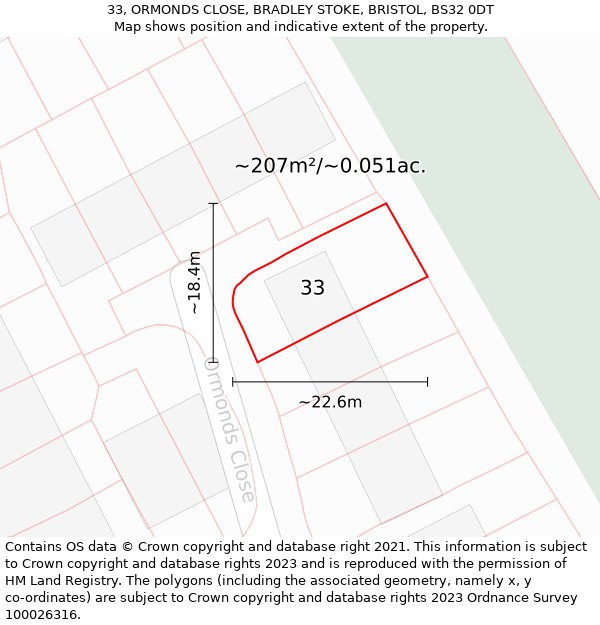 33, ORMONDS CLOSE, BRADLEY STOKE, BRISTOL, BS32 0DT: Plot and title map