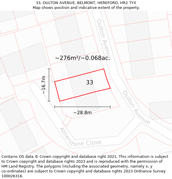 33, OULTON AVENUE, BELMONT, HEREFORD, HR2 7YX: Plot and title map