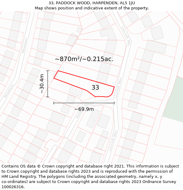 33, PADDOCK WOOD, HARPENDEN, AL5 1JU: Plot and title map