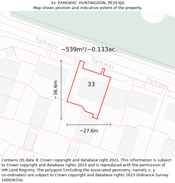 33, PARKWAY, HUNTINGDON, PE29 6JA: Plot and title map