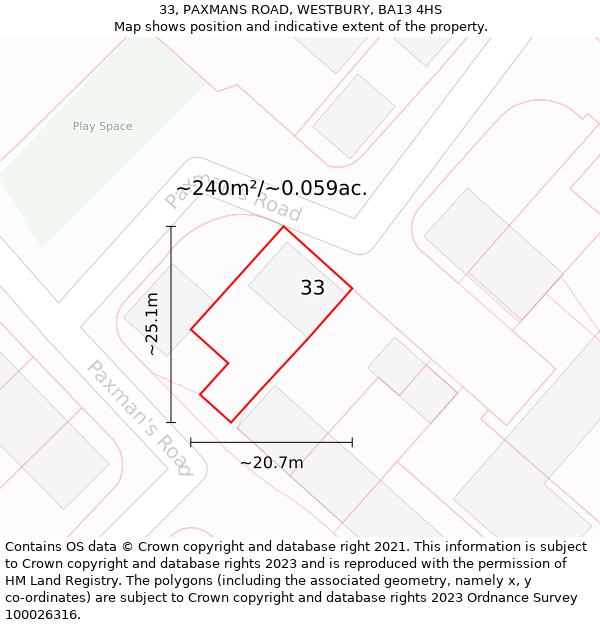 33, PAXMANS ROAD, WESTBURY, BA13 4HS: Plot and title map