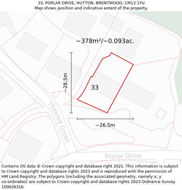 33, POPLAR DRIVE, HUTTON, BRENTWOOD, CM13 1YU: Plot and title map