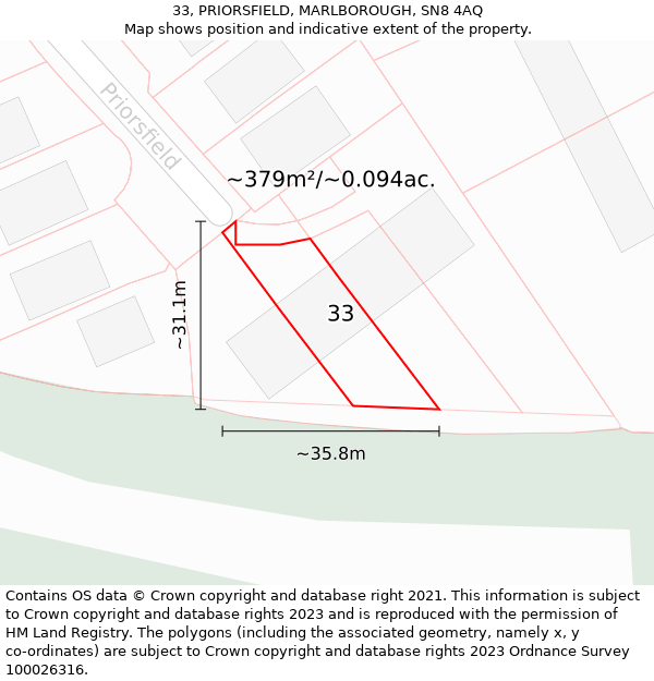 33, PRIORSFIELD, MARLBOROUGH, SN8 4AQ: Plot and title map