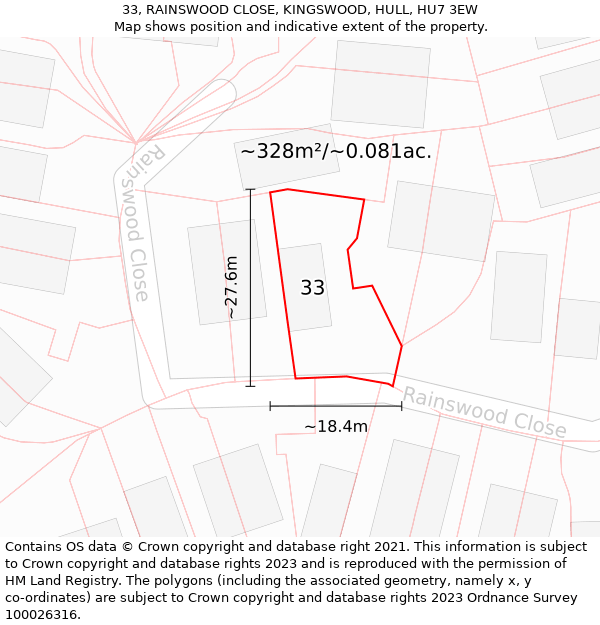 33, RAINSWOOD CLOSE, KINGSWOOD, HULL, HU7 3EW: Plot and title map