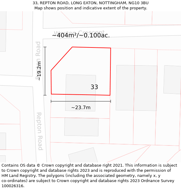 33, REPTON ROAD, LONG EATON, NOTTINGHAM, NG10 3BU: Plot and title map