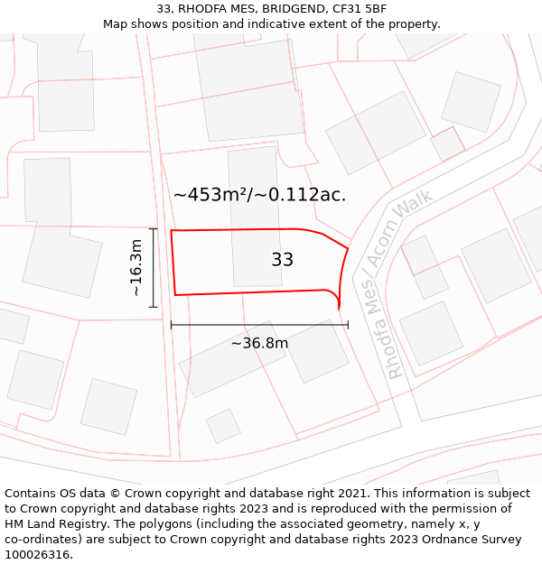 33, RHODFA MES, BRIDGEND, CF31 5BF: Plot and title map