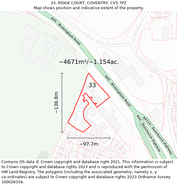 33, RIDGE COURT, COVENTRY, CV5 7PZ: Plot and title map