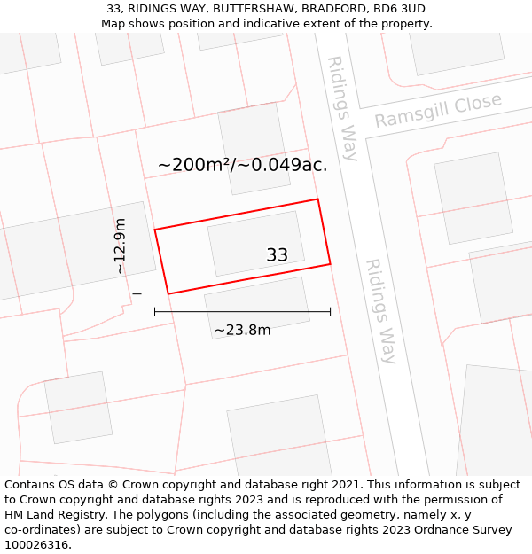 33, RIDINGS WAY, BUTTERSHAW, BRADFORD, BD6 3UD: Plot and title map