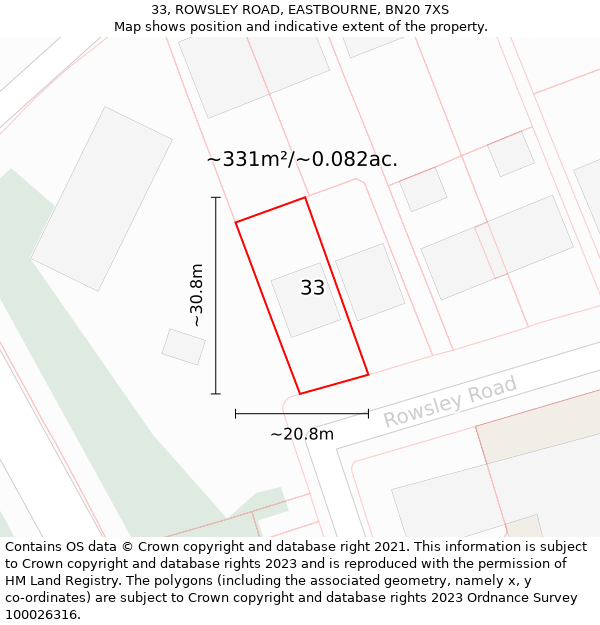 33, ROWSLEY ROAD, EASTBOURNE, BN20 7XS: Plot and title map