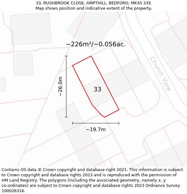 33, RUSHBROOK CLOSE, AMPTHILL, BEDFORD, MK45 2XE: Plot and title map