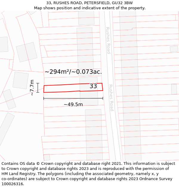 33, RUSHES ROAD, PETERSFIELD, GU32 3BW: Plot and title map
