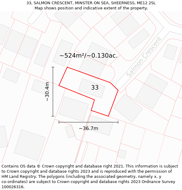 33, SALMON CRESCENT, MINSTER ON SEA, SHEERNESS, ME12 2SL: Plot and title map