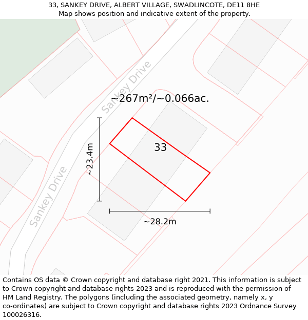 33, SANKEY DRIVE, ALBERT VILLAGE, SWADLINCOTE, DE11 8HE: Plot and title map