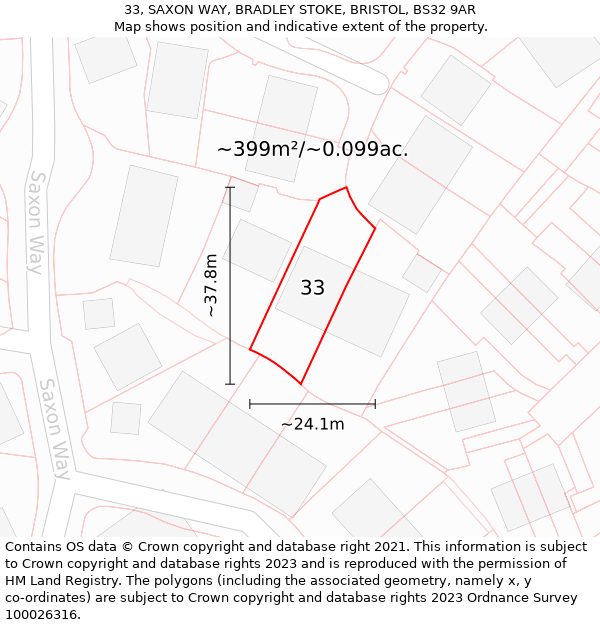 33, SAXON WAY, BRADLEY STOKE, BRISTOL, BS32 9AR: Plot and title map