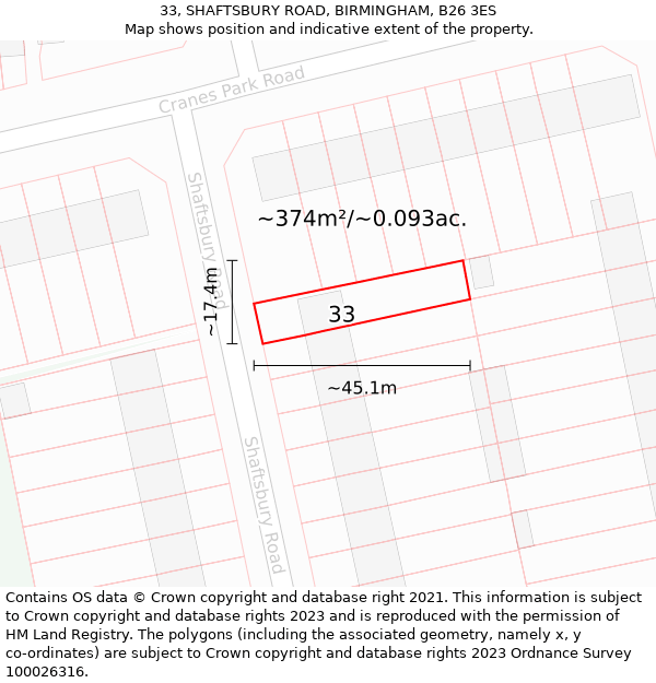 33, SHAFTSBURY ROAD, BIRMINGHAM, B26 3ES: Plot and title map