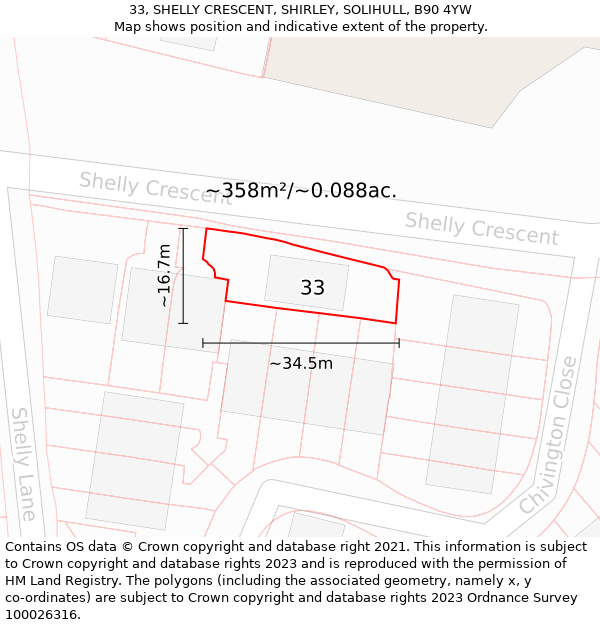 33, SHELLY CRESCENT, SHIRLEY, SOLIHULL, B90 4YW: Plot and title map