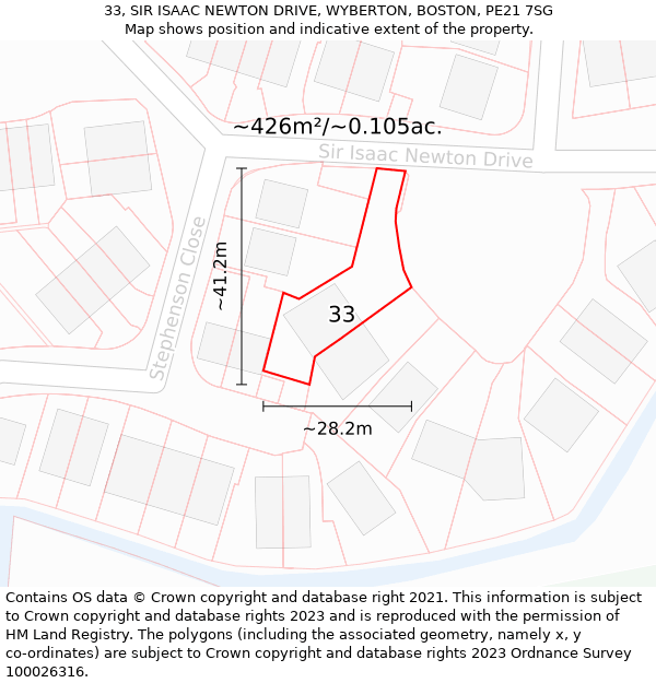 33, SIR ISAAC NEWTON DRIVE, WYBERTON, BOSTON, PE21 7SG: Plot and title map