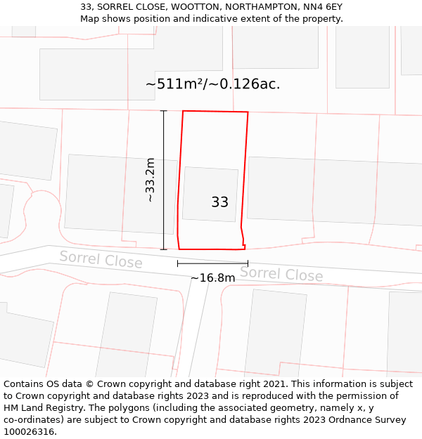 33, SORREL CLOSE, WOOTTON, NORTHAMPTON, NN4 6EY: Plot and title map